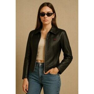 Vintage Y2K Guess Genuine Leather Jacket Reptile Embossed Zip Front Moto Large